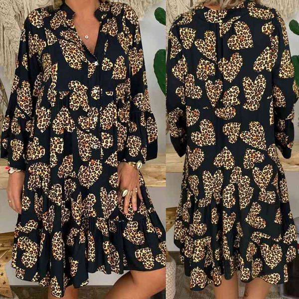 

h30 womens black print plus size dress ladies large size loose print long sleeve v-collar mini dress spring summer, Gray