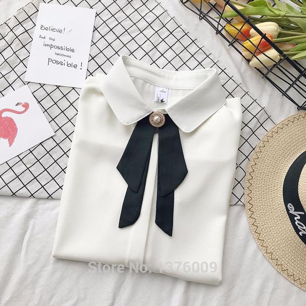

lolita chiffon blouse hight school student uniform peter pan collar with bowknot tie shirt mori girl harajuku causal tee, White