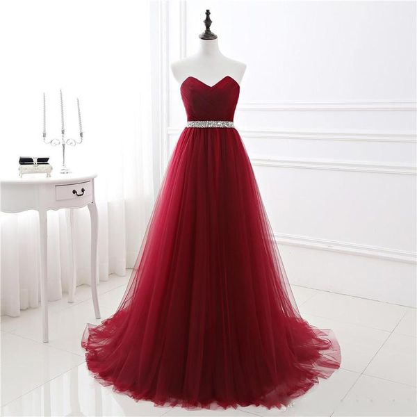 

party dresses in stock a-line soft tulle dark red prom dress hand beading evening gowns bandage long, White;black