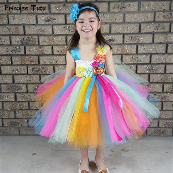 

girl's dresses rainbow girls flower tutu dress knee length princess tulle kids ball gowns birthday party children costume, Red;yellow