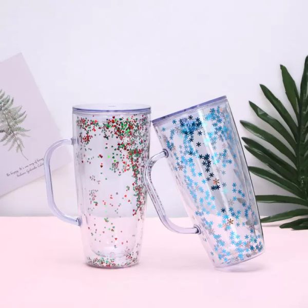 750 ml Plastik Tumblers Ile Çileler Temizle Plastik Kolu ile Tumblers Çift Duvar Seyahat Kupa Düzenli Tumbler Sippy Kupası CG001