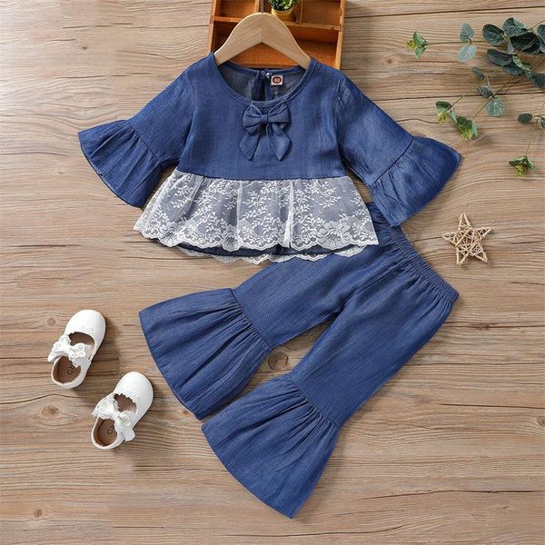 

clothing sets 1-5 years old baby girls autumn outfits toddlers kids lace splicing long sleeves t-shirt + solid color pants, White