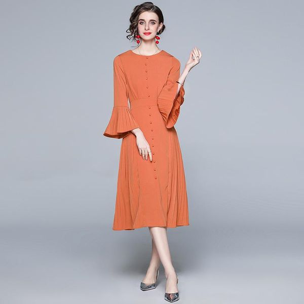 

casual dresses 2021 spring autumn women's dress french commuter round neck flare sleeve pleated waist female x599, Black;gray