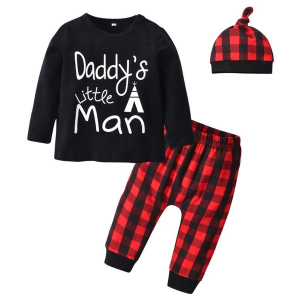

clothing sets born baby boy 3pcs set letter daddy's little man long sleeve t-shirt+red plaid pants+hat autumn infant suit, White