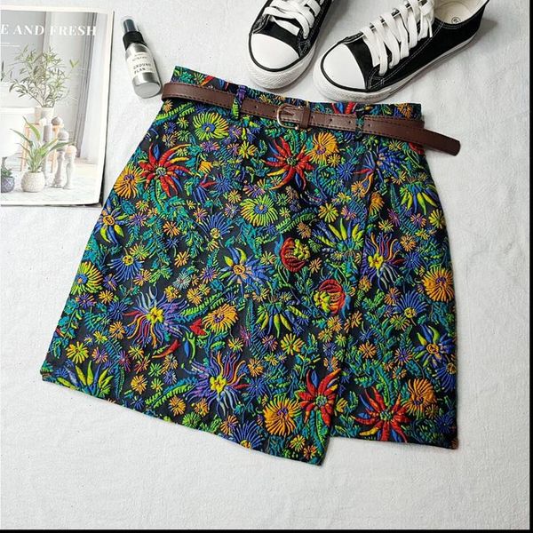

vintage floral irregular skirt 2021 spring autumn women high waist mini skirts woman slim a line skirt with belt female faldas, Black