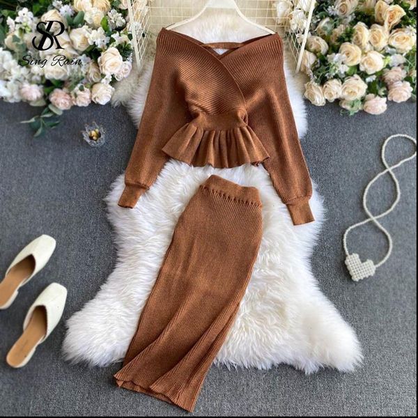 

singrain autumn women shiny knitting skirts sets lurex ruffles long sleeve sweater high waist bodycon skirt two pieces set, Gray