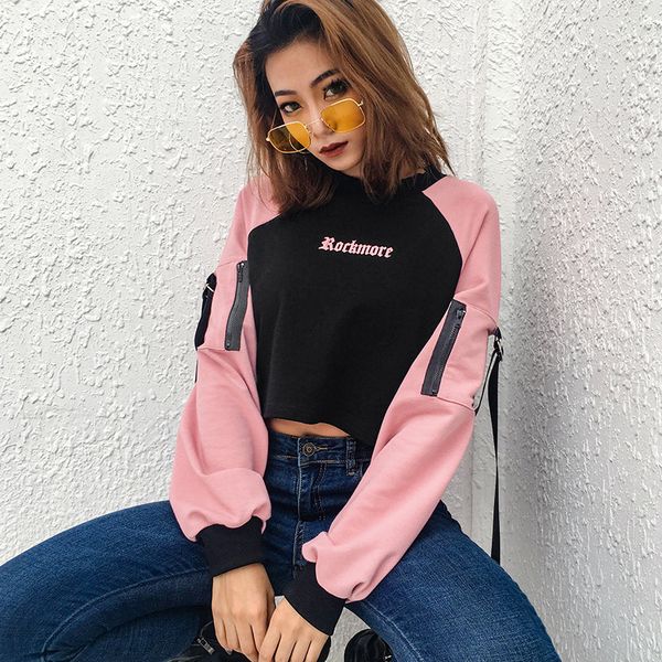 

korean fashion women hoodies letter printed casual crop hoodie sweatshirt female black pink long sleeve pullovers kg-47