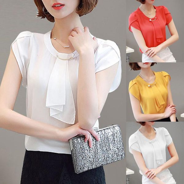 

womens shirts spring summer chiffon blouse 2021 office work wear o neck chiffon shirts short sleeve casual top, White