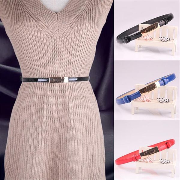 

belts 100cm*1.4cm slim waistband women solid color belt pu female fashion women's lady metal buckle dress for, Black;brown