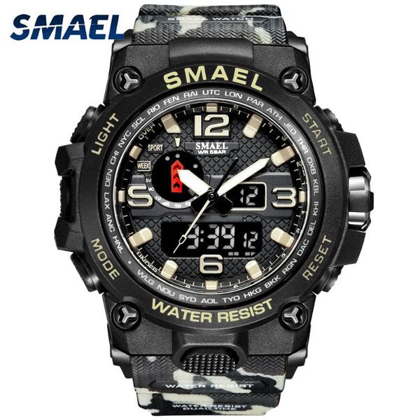

wristwatches smael watches for men 50m waterproof clock alarm reloj hombre 1545d dual display wristwatch quartz military watch sport 2021, Slivery;brown