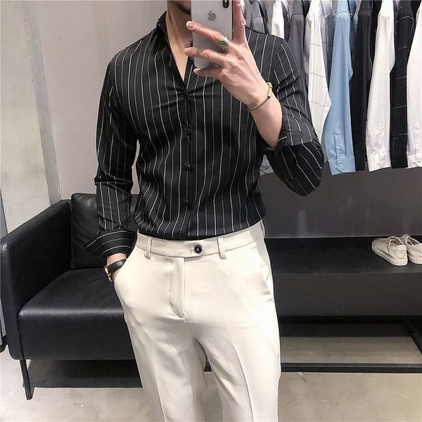 

men's casual shirts spring luxurious stripe business slim fit shirt camisa social masculina streetwear men black white b1by, White;black
