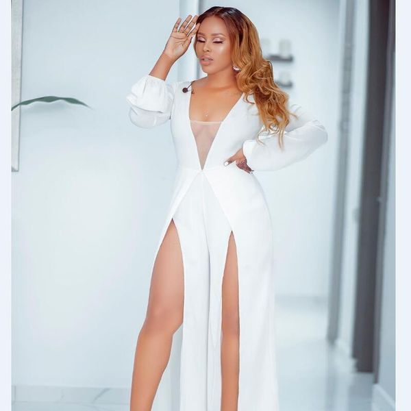 

women's jumpsuits & rompers ladies deep v-neck full sleeve spring solid white beach style high slit pants design female, Black;white