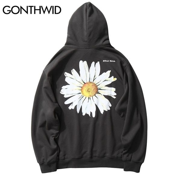 

gonthwid harajuku daisy flowers print fleece hoodies sweatshirts streetwear men hip hop casual pullover hooded fashion 201020, Black