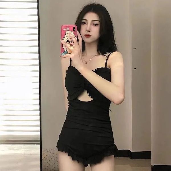 

swimsuit girl 2021 korean ins swimsuit conservative cover belly show thin cht fairy gathered in summer, Red;black