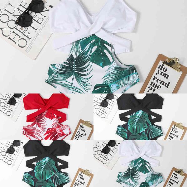 

swimsuit cross print 2021 female new leaf bandage swimsuit triangle one piece multicolor bikini2021, White;black