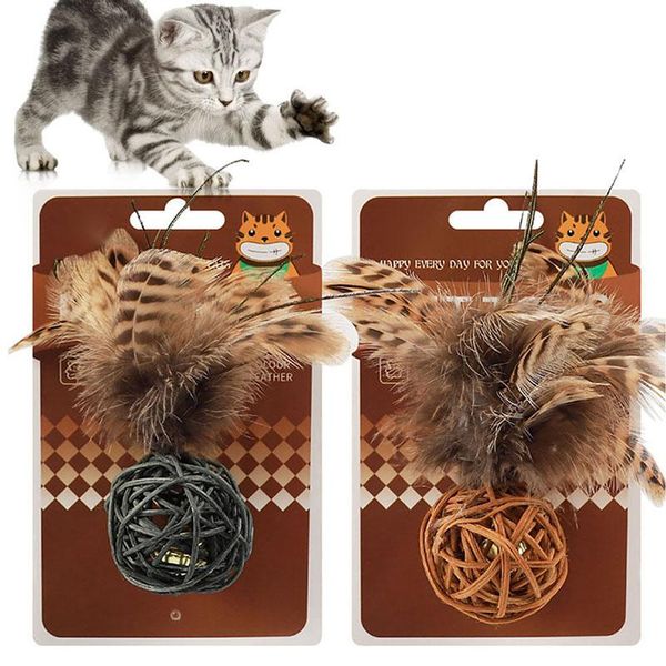 

cat toys ball toy fake feather funny rattan jingle kitten play with bell pounce chase rattle for pet supplies