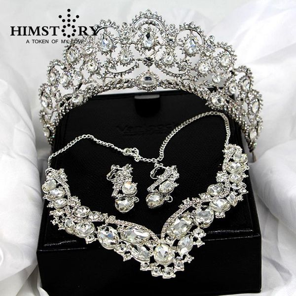 

earrings & necklace grogeous large european rhinestones crystal bridal tiara earring 3pcs set wedding party choker jewelry sets, Silver
