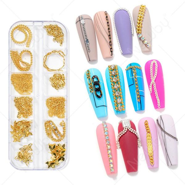 

nail art kits 12 grids/box multi-colored all various shapes chains ring buckle metal 3d studs alloy decorations manicure diy