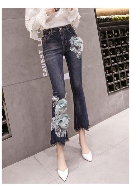 

women's jeans fashionable autumn and winter nail bead embroidery stretch nine-point pants slim slimming flared, Blue