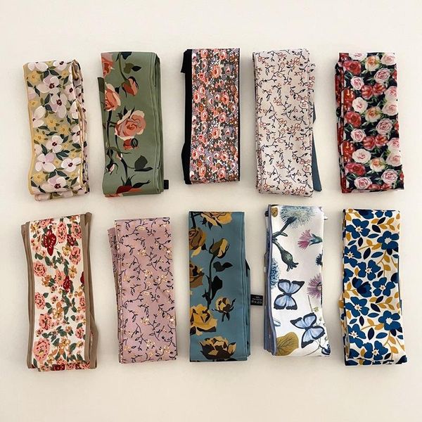 

scarves korean sweet floral silk scarf fashion small long skinny ribbon hair bands handle bag ribbons head, Blue;gray