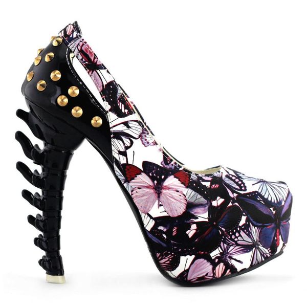 

dress shoes lf80626 rock butterfly studs cut-out peep-toe bone heels club pumps, Black