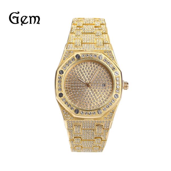 

new diamond inlaid men's watch hip hop trendsetter fashion large dial calendar quartz watch, Silver