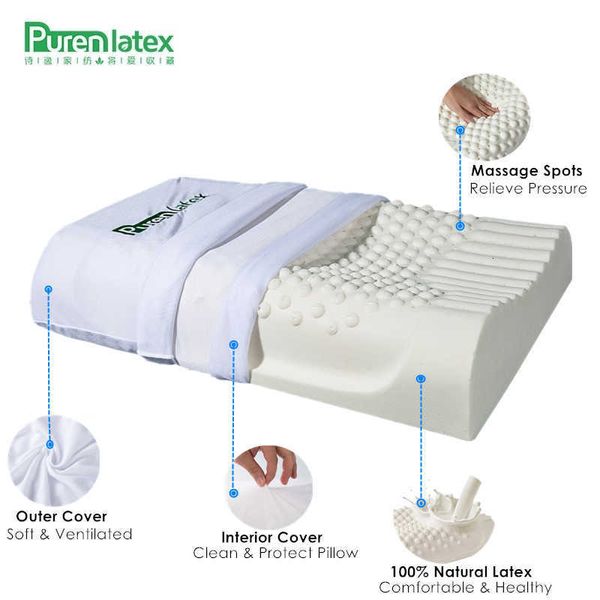 PurenLatex 60x40 Tailândia Travesseiro de Látex Natural Puro Remedial Pescoço Proteger Vértebras Cuidados de Saúde Travesseiro Ortopédico Lento Recuperação SH190925