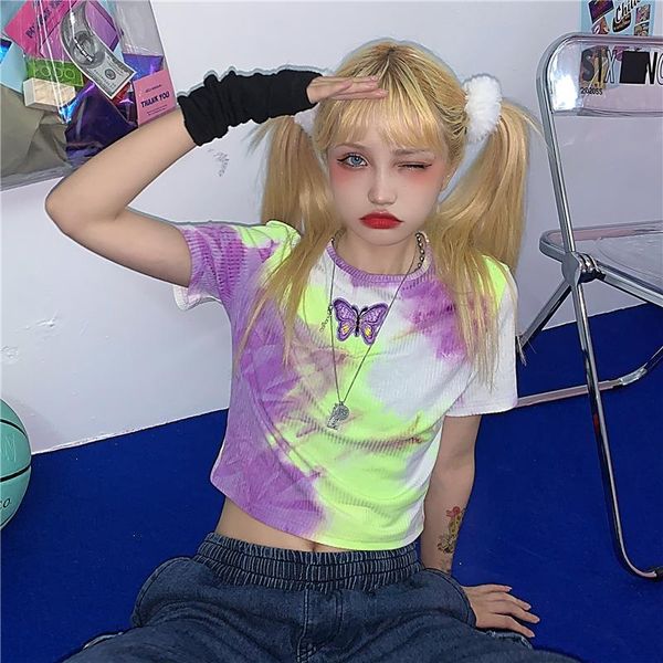 

women's t-shirt graphic embroidery butterfly tie dye gradient short sleeve o neck ribbed crop t shirt cute streetwear aesthetic, White