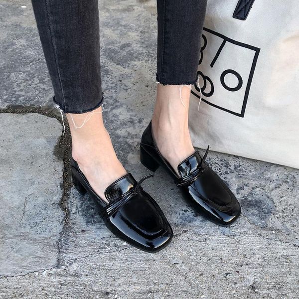 

dress shoes japanned leather square toe bow-tied slip on pumps solid concise comfy brief woman all match femme casual thick high heels, Black