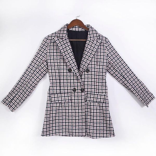 

women's jackets 2021 fall printed houndstooth women coat casual with lining cloth suit collar double-breasted slim middle length jacket, Black;brown