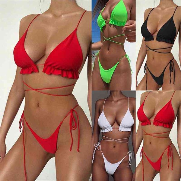 

long string women swimsuit ruffle bikini set cross tied swimwear female bathing suit swim beachwearr, White;black