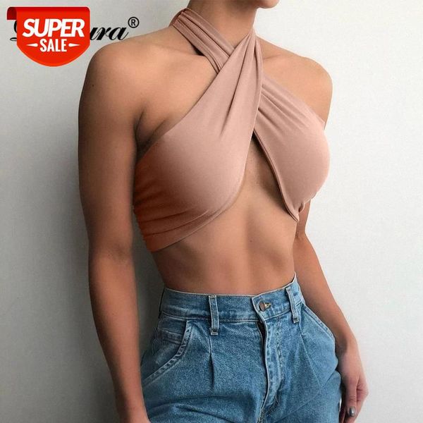 

dulzura solid women crop tanks lace up halter backless cross streetwear party club 2021 summer clothes cute #rp5a, White
