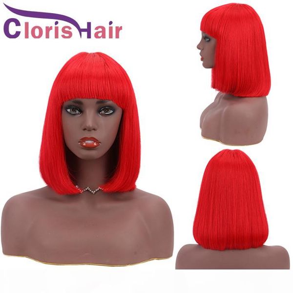 

pixie cut red bob wig 100% human hair straight brazilian remy short glueless wigs with bangs for black women red colored front non lace wig, Black;brown