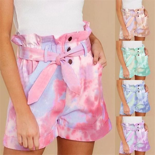 

women tie vervain pattern closing button ruffle loose bodem elastic wild mode shorts with removable tail belt, White;black