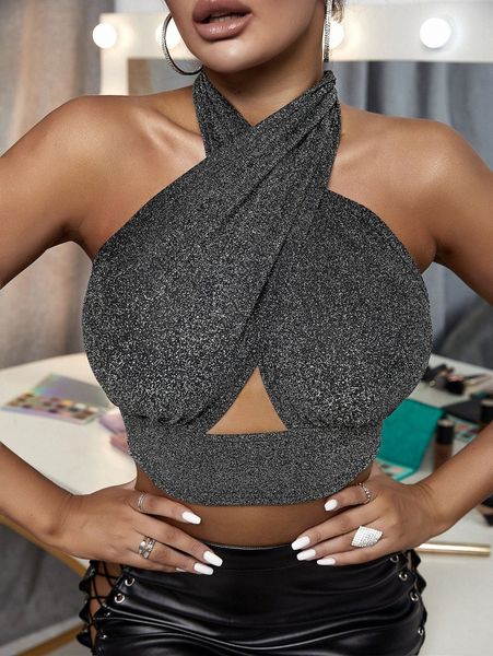 

sxy backless cross glitter halter a6hr#, White