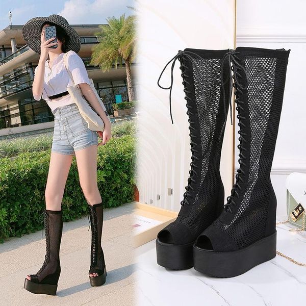 

boots 2021 cool women's summer net red hollow inside high fish mouth super heel thick bottom roman tube, Black