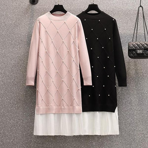 

casual dresses black pink bead pleated knitted midi plus large size oversize korean fashion kawaii women's elegant autumn 2021 clothing, Black;gray