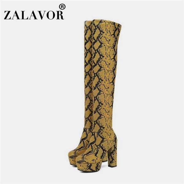 

boots zalavor 2021 platform fashion snakeskin winter women shoes square high heel round toe casual over the knee size 34-43, Black
