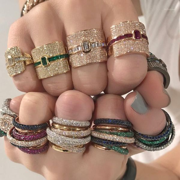 

Bling Full Diamond Out Jewelry White Green Pink Zircon Nickle Free Anti-allergy 18k Gold Plated Finger Rings For Women1, Golden;silver
