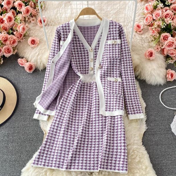 

casual dresses singreiny women autumn winter houndstooth knitted set long sleeve single breasted cardigan+sleeveless tank dress two piece su, Black;gray