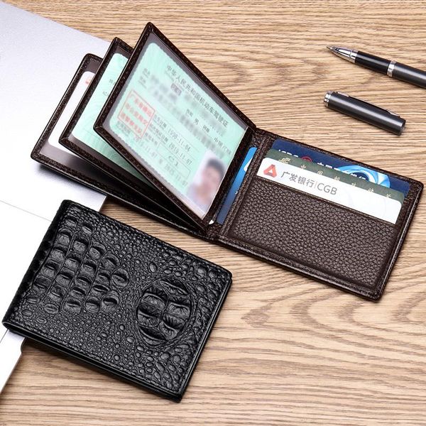 

card holders leather driver's license holster male case multi-function id crocodile pattern folder, Brown;gray