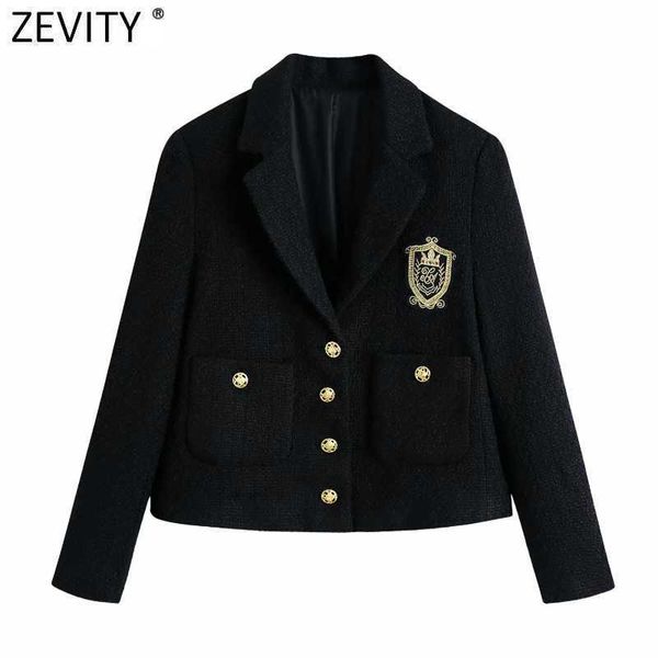 Zevity Frauen England Stil Abzeichen Patch Breasted Woll Blazer Mantel Vintage Langarm Taschen Weibliche Oberbekleidung Chic Tops CT663 210603