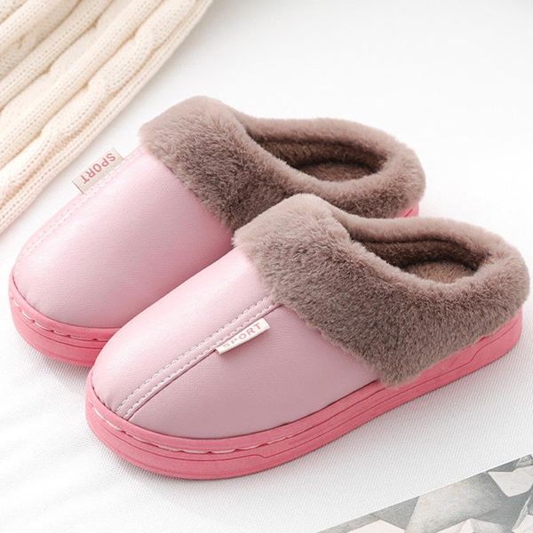

slipper child waterproof leather slipperes boys fur mouth winter black shoes girls home warm plush slides kids platform slippers, Black;grey
