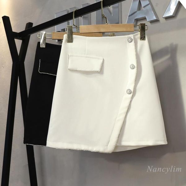 

skirts summer skirt woman 2021 fashion diamond irregular single-breasted high waist slimming a- line bag hip mini jupes, Black