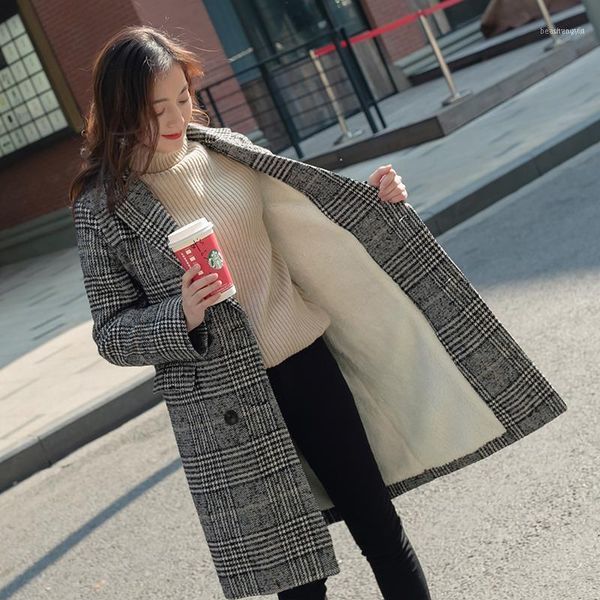 

women's wool & blends kmetram 2021 winter jacket women fashion woolen coat female korean long vintage plaid jackets manteau femme my492, Black