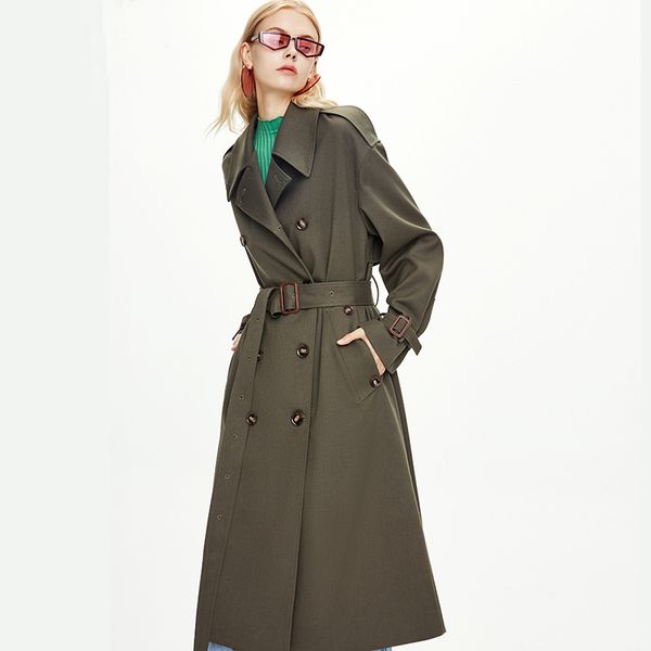 

2021 new fashion coat with belt turn down collar drouble breated women long trench femme casaco abrigo streetwear f033, Tan;black