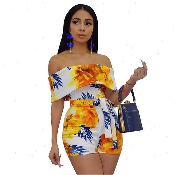 

2021 new design playsuis print floral off shoulder belted summer casual beach rompers drop shipping, Black;white