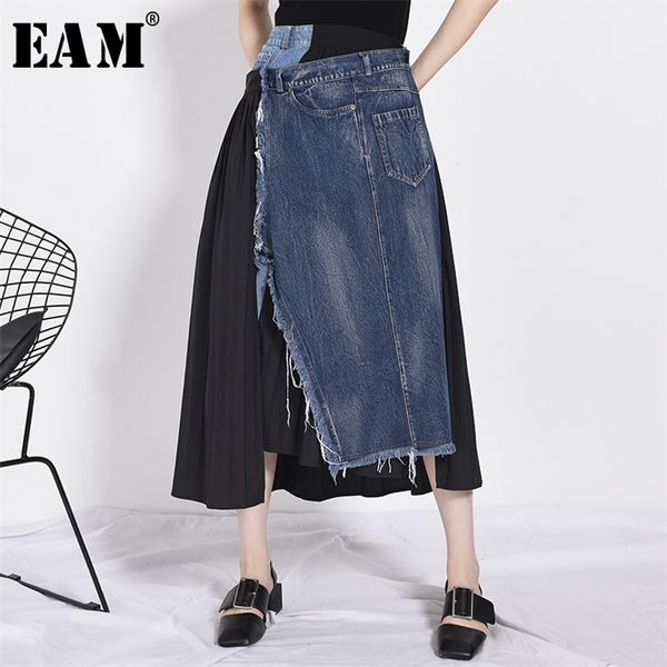 

[eam] high elastic waist blue denim stitch pleated irregular half-body skirt women fashion tide new spring autumn jz26505 210315, Black