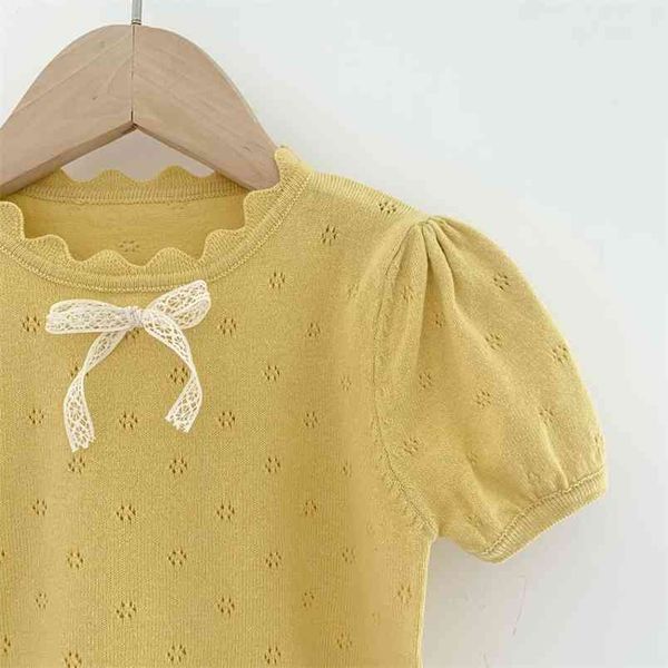 Maglietta sottile lavorata a maglia estiva per bambina in cotone Bella maglietta vintage con maniche a sbuffo per bambina coreana 210619