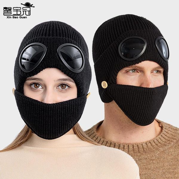 

beanies autumn and winter pilots' glasses, ear protection cap, plush warm wool women's korean knitted hat mask